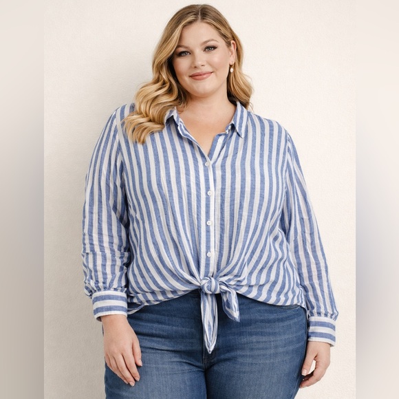Jane and Delancey Tops - Jane + Delancey Blue and White Striped Tie-Front Shirt